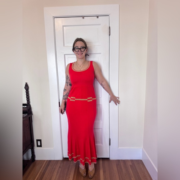 70s Vintage Banff Knit Coral Red Sleeveless Maxi Dress Sz M